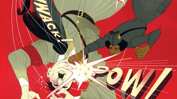 conceptual illustration of historical figures from World War II era and comic book action words by Marcos Chin