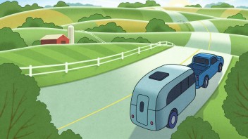 illustration of a mobile health care trailer driving through green farmland by Dan Page