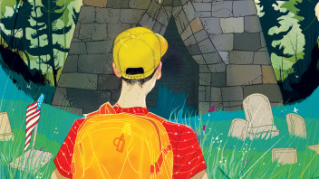 colorful illustration of a person wearing a ball cap and backpack hiking in Greenwood Furnace State Park by Marcos Chin