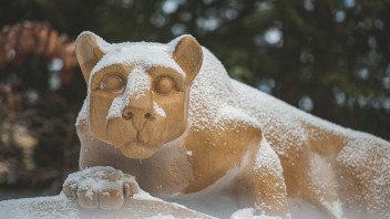 photo of the Nittany Lion shrine in snow and ice by Michelle Bixby