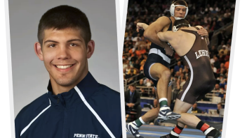 side by side photos of Wright, one a head shot and one in action on the mat, by Penn State Athletics