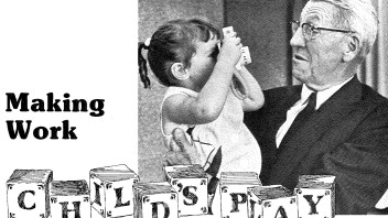 black and white photo of an early Fisher Price ad