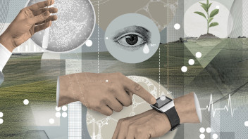 conceptual illustration of natural and scientific imagery with a person pointing to a smart watch by Nadia Radic