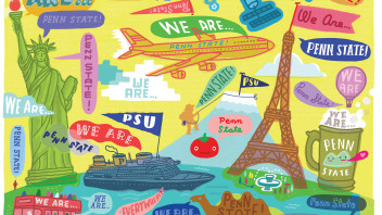 illustration of landmarks and modes of transportation with many instances of the phrase We Are Penn State, by Aaron Meshon