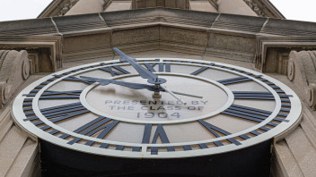 closeup of the clock tower on Old Main, gift from the Class of 1904, photo by Nick Sloff '92 A&A