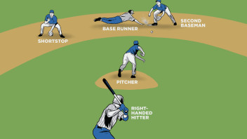 illustration of a baseball hitter, pitcher, shortstop, second baseman, and base runner in play by Joel Kimmel