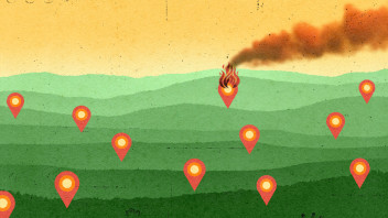 illustration of a green landscape dotted with location pins with one of them flaming and smoking by Richard Mia