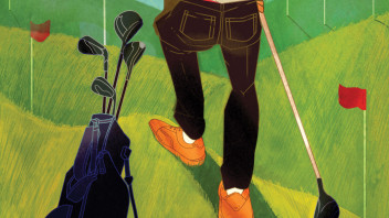 illustration of back view of a man with golf clubs overlooking a course by Marcos Chin