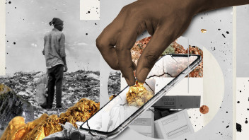 conceptual illustration of a hand reaching down to pull a gold nugget from a cell phone screen by Nadia Radic