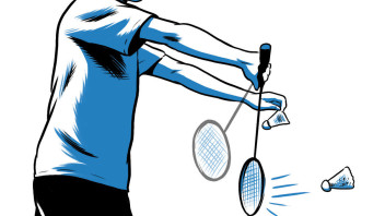 illustration of a man serving in badminton by Joel Kimmel
