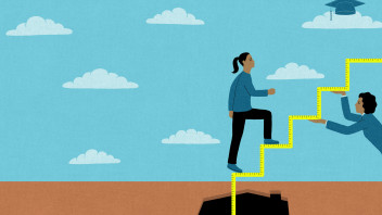 illustration of a measuring tape creating steps that an administrator is holding up while a student walks up them by James Steinberg