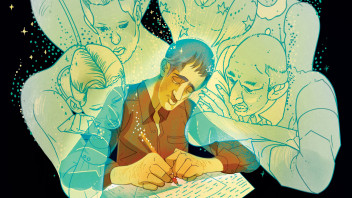 illustration of a man writing with the spirit figures of other people around him, by Marcos Chin