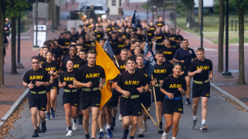 photo of a Penn State Army ROTC battalion running at University Park, photo by Michael Owen