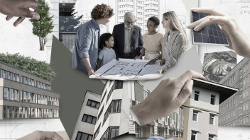 conceptual illustration of architects looking at blueprints amid large structures and hard hats by Nadia Radic