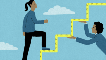 illustration of a measuring tape creating steps that an administrator is holding up while a student walks up them by James Steinberg