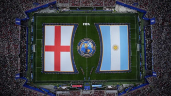 aerial graphic of FIFA World Cup soccer field with England and Argentina flags