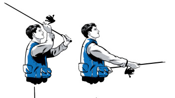illustration of four stages of casting a fishing line by Joel Kimmel