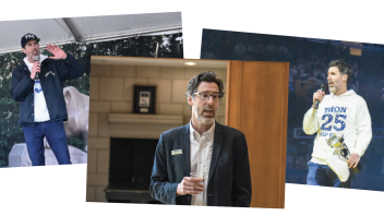 three photos of Jones in various settings during his tenure as interim CEO, by Penn State Alumni Association