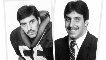 side by side black and white head shots of Radecic, one in uniform and one in a suit, by Penn State Archives