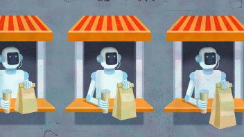 illustration of three drive-thru windows manned by robots holding out soft drinks and bags of food by Richard Mia