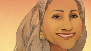 illustration of Savita Iyer, an Indian woman with shoulder-length salt and pepper hair wearing a colorful wrap and gold earrings, by Marcos Chin