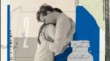 conceptual illustration of a black and white photo of two people hugging with pill bottle and money images by Nadia Radic