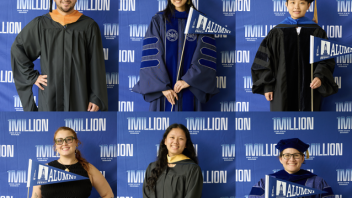 photos of a dozen Penn State grads holding alumni banners standing in front of 1 Million Degrees signage by Steve Tressler