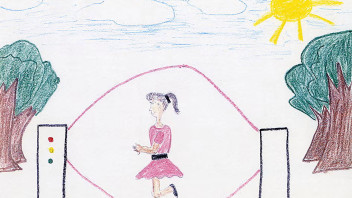 illustration of a girl using an automated jump rope machine by Reid-Smith