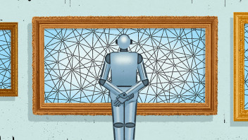 illustration of a robot observing a framed piece of art by Richard Mia