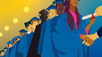illustration of a line of graduates in regalia, but one is a shadow, by Marcos Chin