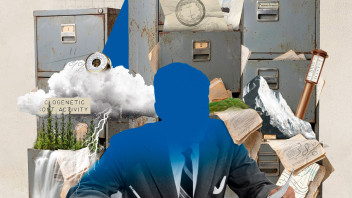 conceptual illustration of a faceless person looking at papers surrounded by archival material and metal filing cabinets by Nadia Radic